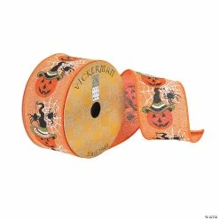Hot Sale ⌛ Vickerman 2.5" x 10 Yards Orange Pumpkin, Spider and Web Dupion Ribbon 🎁